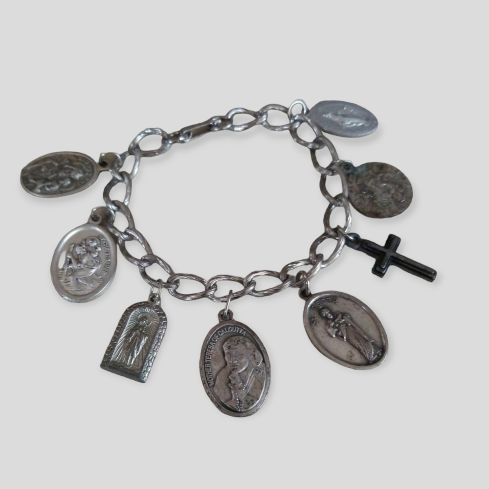 Hand Crafted Repurposed Vintage Religious Relic Mother Theresa Charm Bracelet